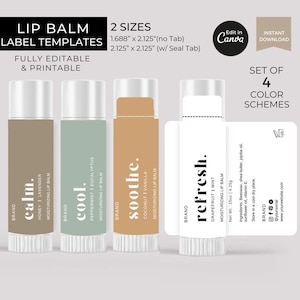 Bewerkbare lippenbalsem sjabloon Canva, afdrukbare lippenbalsem etiketten stickers, lippenbalsem buizen labelsjabloon, lippenbalsem gunsten, cosmetische verpakking tags