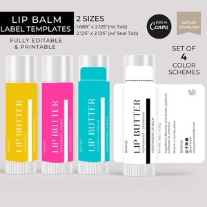 Op de afbeelding: Vier sjablonen voor lippenbalsemetiketten in verschillende kleurenschema's. De etiketten zijn voor lippenbalsem met smaken zoals limonade, aardbeien sorbet, kokosnoot-vanille en pepermunt-munt. De etiketten zijn verkrijgbaar in twee maten: 1,688" x 2,125" en 2,125" x 2,125".