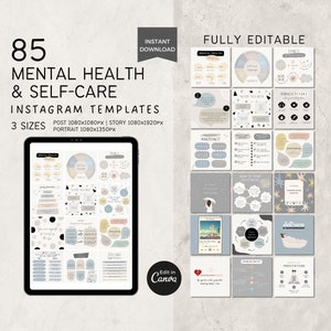 Bewerkbare Instagram-sjablonen geestelijke gezondheid Canva, sjablonen voor zelfzorg sociale media, wellness-levenscoach, informatieve sjablonen voor therapeut