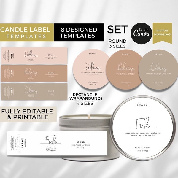 Candle Label Template Round Editable, Modern Candle Labels Stickers Wraparound, Printable Candle Tin Label Canva Template, Candle Jar Labels