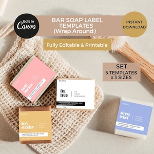 Modello di etichetta per sapone in barra Canva modificabile, etichette per maniche di sapone stampabili, design di etichette avvolgenti, etichette adesive per prodotti da bagno, etichette per lavaggio a mano