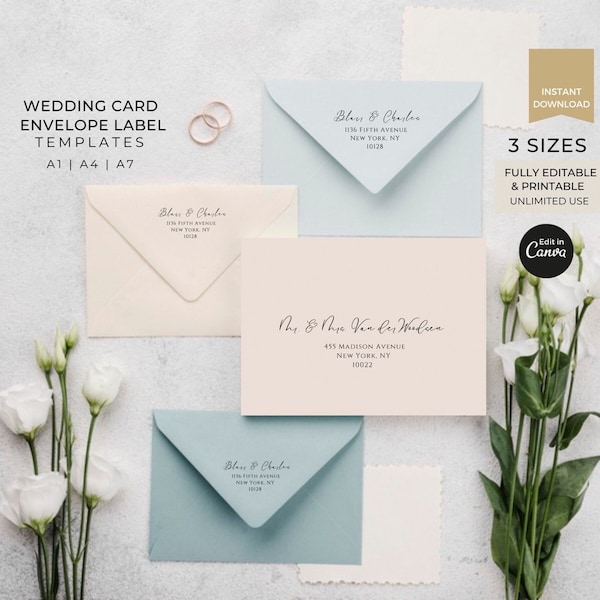 Editable Wedding Invitation Card Envelope Template Canva, RSVP Reply Card Return Envelope Label A1 A4 A7 Modern Wedding Stationery Printable