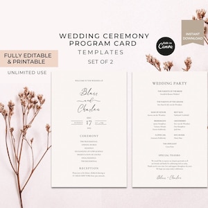 Bearbeitbares modernes Hochzeitsprogramm-Kartenvorlage Canva, druckbares Hochzeitszeremonie-Partykarten-Set, minimalistisches Hochzeits-Briefpapier-Willkommensschild
