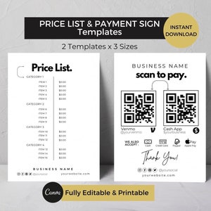 Prijslijstsjabloon bewerkbaar canva, afdrukbare kaart met betalingsbord, prijsbladmenu, QR Scan to Pay-bord, sjabloon voor digitale flyers, sociale media