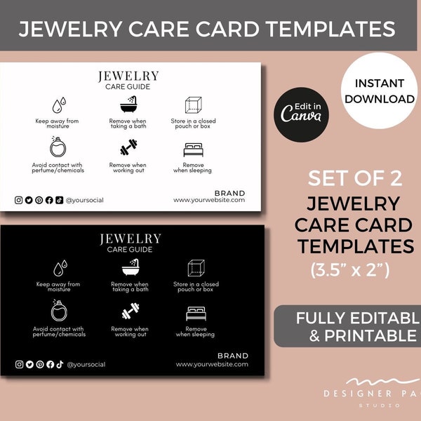 Editable Jewelry Care Card Template Canva, Printable Care Guide for Jewelry, Jewellery Care Instructions, Accessories Care Tags Template Set