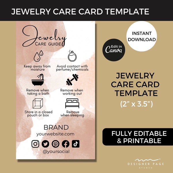 Editable Jewelry Care Card Template, Printable Care Guide for Accessories Jewellery Care Instruction, Aesthetic Canva Template for Business