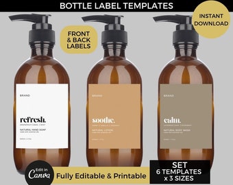 Minimalistic Hand Soap Bottle Labels Template Editable, Hand Wash Body Lotion Dish Soap Room Spray Shampoo Label Stickers, Canva Template