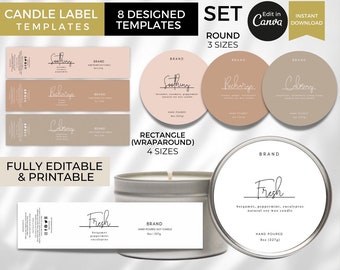 Candle Label Template Round Editable, Modern Candle Labels Stickers Wraparound, Printable Candle Tin Label Canva Template, Candle Jar Labels
