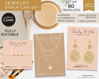 Könnte beinhalten: Set mit 60 bedruckbaren Schmuck-Displaykarten mit minimalistischem Design, einer Linienzeichnung eines Gesichts und dem Text "Harlow & Cole Handmade Jewelry". Die Karten sind in zwei Farbvarianten und vier Designs erhältlich, darunter Optionen für Halsketten, Armbänder und Ohrringe.
