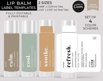 May include: Four lip balm label templates in different color schemes. The labels feature the brand name, product name, and scent. The text "calm.", "cool.", "soothe.", and "refresh." is featured on the labels. The labels are available in two sizes: 1.688" x 2.125" and 2.125" x 2.125".