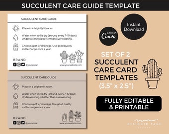 Editable Succulent Care Guide Template Canva, Printable Plants Care Cards Template, Label Tags, Canva Template for Business Instagram Shop