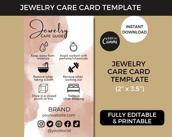 Plantilla editable para el cuidado de joyas, guía imprimible para el cuidado de accesorios, instrucciones para el cuidado de joyas, plantilla estética de Canva para empresas.
