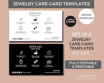 Editable Jewelry Care Card Template Canva, Printable Care Guide for Jewelry, Jewellery Care Instructions, Accessories Care Tags Template Set