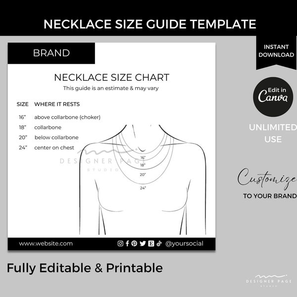 Editable Necklace Size Chart Template, Printable Necklace Length Size Guide Template Card, Necklace Measurement Chart, Custom Canva Template