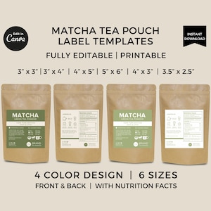 Modèle d'étiquettes de thé matcha sur toile éditable, étiquette de sachet de thé en poudre Matcha, autocollant imprimable d'étiquette de pochette de thé vert matcha, emballage de thé personnalisé