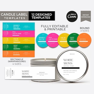 Kerzendosenetiketten Canva Vorlage, runde Kerzenetikettenvorlage bearbeitbar, moderne Kerzenetiketten Aufkleber Set, druckbare Kerzenverpackungsglasetiketten