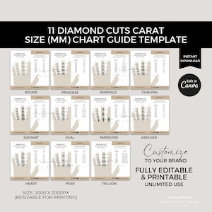 Modèle de tableau des tailles en carats de diamants modifiable sur toile, guide des tailles de diamants ronds imprimable MM, tableau des tailles de bijoux personnalisés, mesure de pierres précieuses