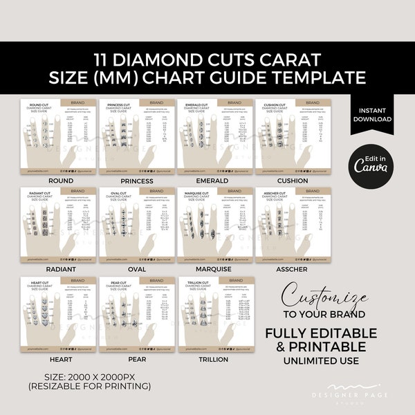 Bearbeitbare Diamant Carat Size Chart Vorlage Canva, druckbare Diamantgröße im Rundschliff mm, benutzerdefinierte Schmuckgröße, Edelsteinmessung