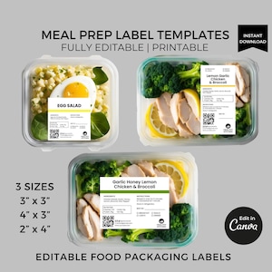 Modèle modifiable d'étiquettes de préparation de repas, sticker pour étiquette de repas emballés, étiquettes d'emballage alimentaire minimalistes, jeu d'étiquettes de service de préparation de repas sains
