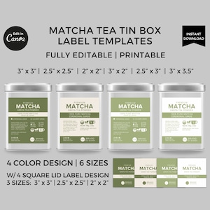 May include: Printable label templates for matcha tea tin boxes in six sizes: 3 x 3 inches, 2.5 x 2.5 inches, 2 x 2 inches, 3 x 2 inches, 2.5 x 3 inches, and 3 x 3.5 inches. The labels feature a green and white design with the text "Premium Matcha Green Tea Powder 100% Pure Matcha Ceremonial Grade".