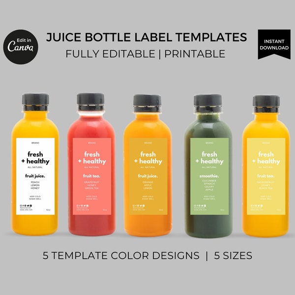 Editable Fruit Juice Bottle Labels Template Canva, Fresh Juice Label Design, Healthy Beverage Label Stickers Printable, Minimalist Packaging