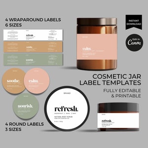 Modello etichetta barattolo cosmetico Canva modificabile, etichetta adesiva prodotto stampabile, etichetta barattolo crema idratante scrub corpo, set di imballaggi per la cura della pelle