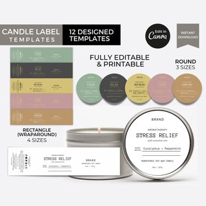 Candle Tin Labels Template Canva, Modern Candle Label Stickers Editable, Candle Round Labels, Printable Container Candle Wrap Labels Set