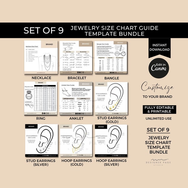 Modèle de tableau de taille de collier Canva, ensemble de tableau de taille de bijoux modifiable, tableau de taille de bracelet de bracelet de cheville, guide de taille de boucles d’oreilles, tableau de taille de bague