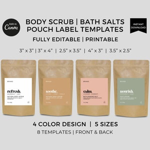 Modelo de etiqueta de bolsa de sais de banho Canva editável, adesivos de etiqueta para esfoliação corporal imprimíveis, etiquetas de saco de imersão de banho, embalagens modernas personalizadas para cuidados com a pele