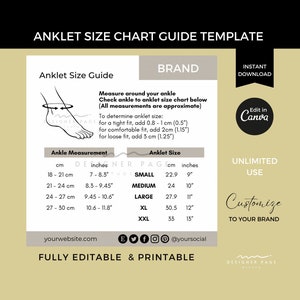 Editable Anklet Size Chart Template Canva, Printable Ankle Bracelet Size Guide, Jewelry Accessory Length Size Card, Custom Canva Template