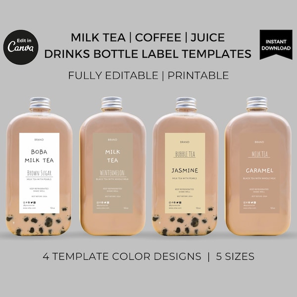 Editable Boba Milk Tea Bottle Labels Template Canva, Drinks Label Design, Juice Bottle Label Stickers Printable, Custom Beverage Packaging