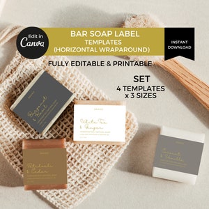 Modelos de rótulos para sabonete em barra editáveis no Canva, rótulos para mangas de sabonete para impressão, embalagens de sabonete, design de rótulos para envoltórios de sabonete, adesivos para rótulos de produtos corporais