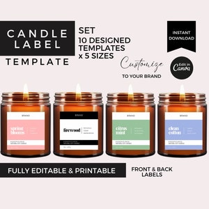 Modello di etichetta per candele moderne Canva, etichette per candele stampabili, adesivi per etichette per barattoli di candele modificabili, design minimalista per etichette di prodotti, imballaggio