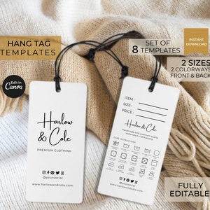 Modelo de hangtags para roupas editáveis Canva, etiquetas para impressão de etiquetas para cuidados com roupas, etiqueta de preço da loja, cartão de agradecimento personalizado, guia de instruções de lavagem