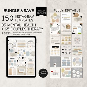 カップルセラピーInstagramテンプレート（編集可能Canva）、結婚カウンセリング、セラピスト向けメンタルヘルスInstagramテンプレート、ソーシャルメディアバンドル