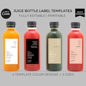 Plantillas editables de etiquetas para botellas de jugo de frutas en Canva, diseño de etiquetas para jugos frescos, etiquetas adhesivas imprimibles para batidos saludables, empaques minimalistas