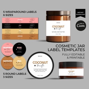 Bearbeitbare Kosmetikglas-Etikettenvorlage Canva, druckbare Produktetikettenaufkleber, Etikett für Körperpeeling-Feuchtigkeitscremecremeglas, Hautpflegeverpackungsset