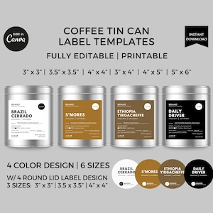 Modèle d'étiquettes de boîte de conserve de café sur toile modifiable, étiquettes de café personnalisées, autocollants imprimables d'étiquettes de bidon de grains de café, étiquettes d'emballage de café