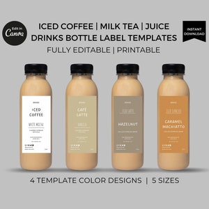 Plantillas editables de etiquetas para botellas de café helado (Canva), diseño de etiquetas para bebidas, etiquetas adhesivas imprimibles para botellas de té y jugo, envases de bebidas personalizados