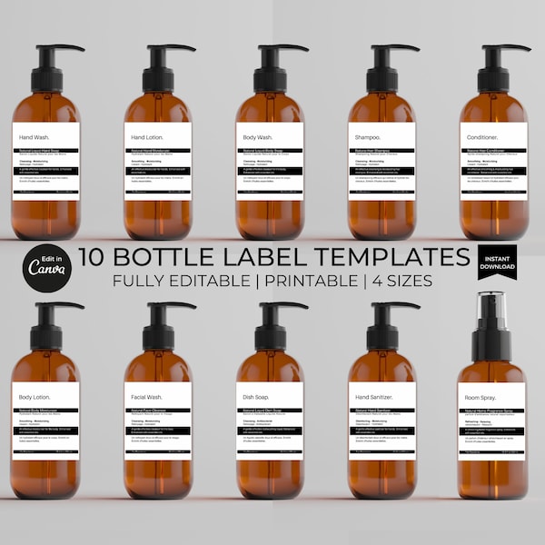 Minimalistic Hand Soap Bottle Label Template, Printable Label Stickers, Hand Wash Body Lotion Dish Soap Spray Shampoo Labels, Canva Template