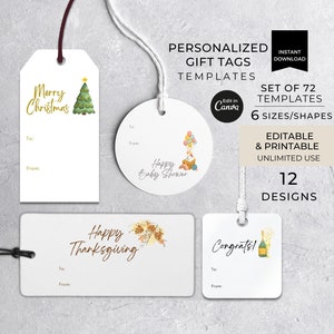 Modelo de etiquetas de presente editável Canva, conjunto de etiquetas de lembrancinhas para impressão, cartões de felicitações personalizados, etiquetas de presente de aniversário, cartão de agradecimento, etiquetas personalizadas