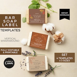 Modelo de etiqueta de sabonete em barra editável Canva, etiquetas de sabonete de outono para impressão, conjunto de design de etiqueta de envoltório de sabonete, etiquetas de manga de sabonete, embalagem de produtos de banho