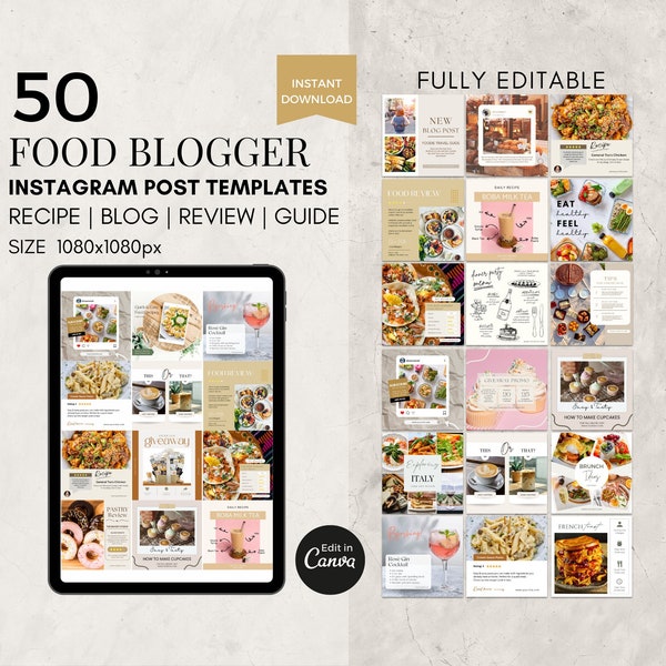 Food Blogger Instagram Post Templates Canva, Editable Recipe Templates, Food Instagram Templates for Foodies, Social Media Manager, Blogs