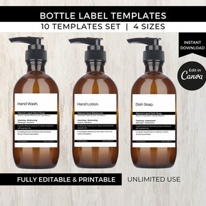 May include: Three brown glass bottles with pump tops and white labels. The labels have black text that reads "Hand Wash", "Hand Lotion", and "Dish Soap". The labels also include the text "Natural Liquid Hand Soap", "Natural Hand Moisturizer", and "Natural Liquid Dish Soap".