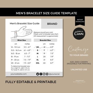 Men’s Bracelet Size Chart Template Editable, Printable Accessory Jewelry Length Guide Card, Custom Canva Template for Business Store Shop