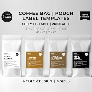 Modèle d'étiquettes modifiables sur toile, pochettes en grains de café autocollants imprimables, emballage d'étiquettes de café personnalisé, étiquettes expresso