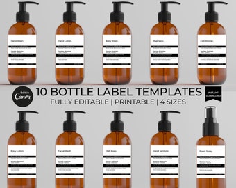 Modelo minimalista de rótulo para frasco de sabonete líquido, adesivos imprimíveis, rótulos para sabonete líquido, loção corporal, detergente para louça, spray e shampoo, modelo do Canva