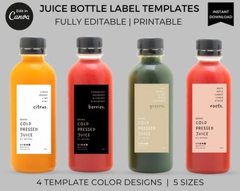 Modèle d'étiquettes de bouteille de jus de fruits modifiable Canva, conception d'étiquettes de jus de fruits frais, autocollants d'étiquettes de smoothie sains imprimables, emballage minimaliste