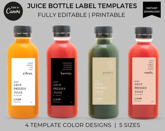 May include: Four juice bottle label templates with different color schemes. The labels are fully editable and printable. The labels feature a variety of fruits and vegetables, including citrus, berries, greens, and roots. The text on the labels reads "Cold Pressed Juice" and "All Natural".