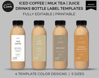 May include: Four bottles of iced coffee, milk tea, and juice drink label templates. Each bottle has a black cap and a label with a different flavor: Iced Coffee, Café Latte, Iced Latte, and Iced Espresso. The labels are fully editable and printable.